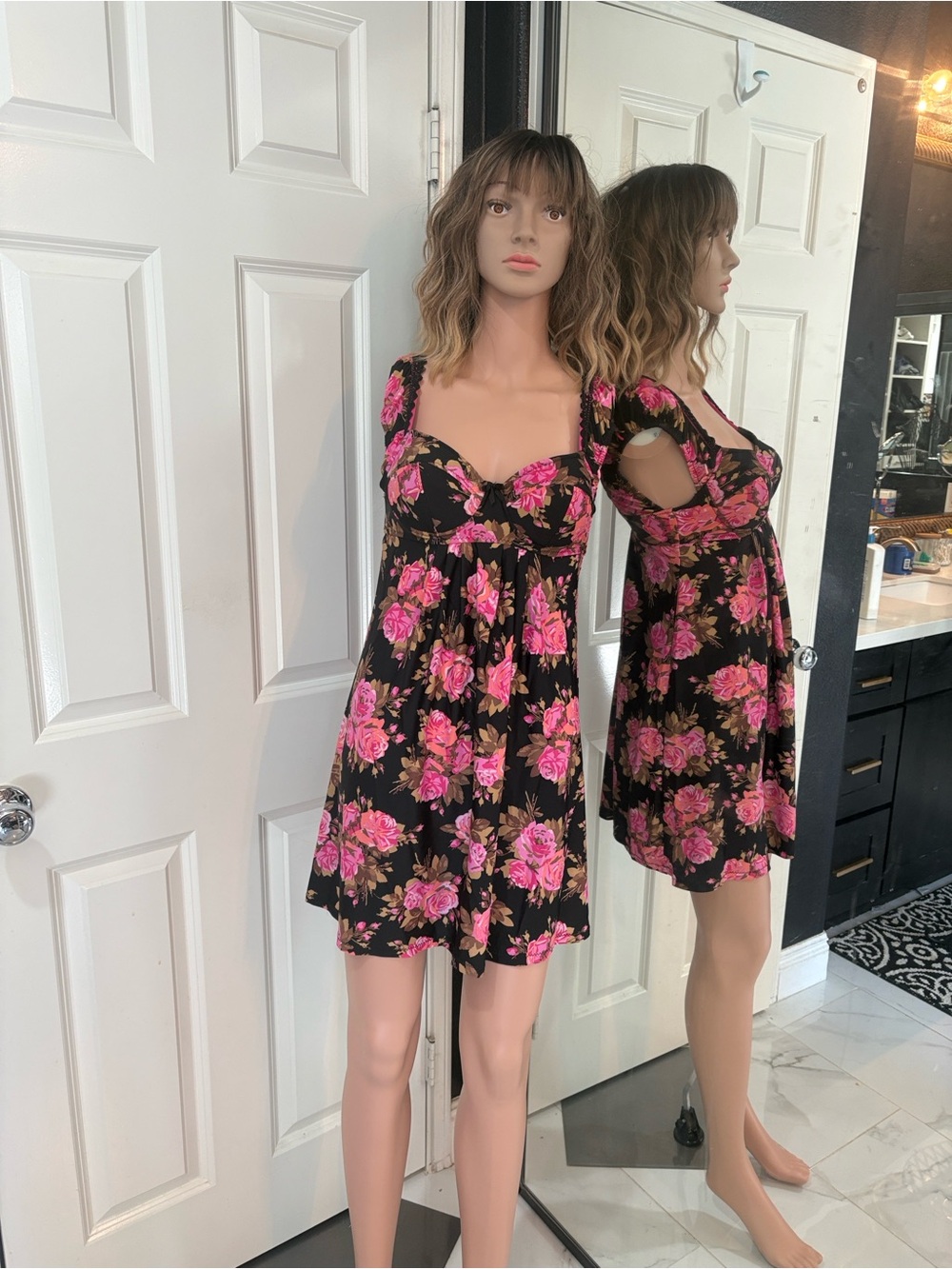 Betsey Johnson Black Mini swimsuit Coverup with Hot Pink Floral Print Y2K